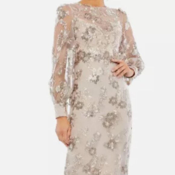 MAC DUGGAL 70237 EMBELLISHED HIGH NECK ILLUSIONS LONG SLEEVE MOCHA MIDI DRESS 14 - Picture 2 of 6